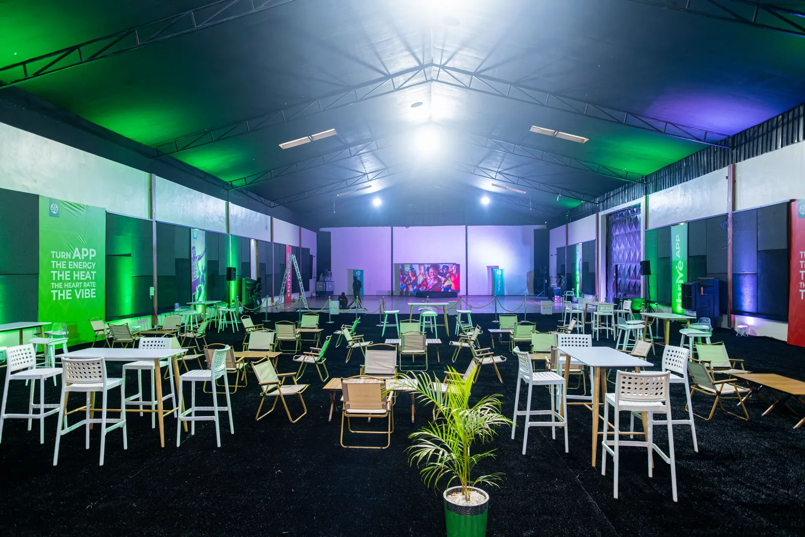 Vibe House at MoTIV arranged for a launch with lounge seating and cocktail tables